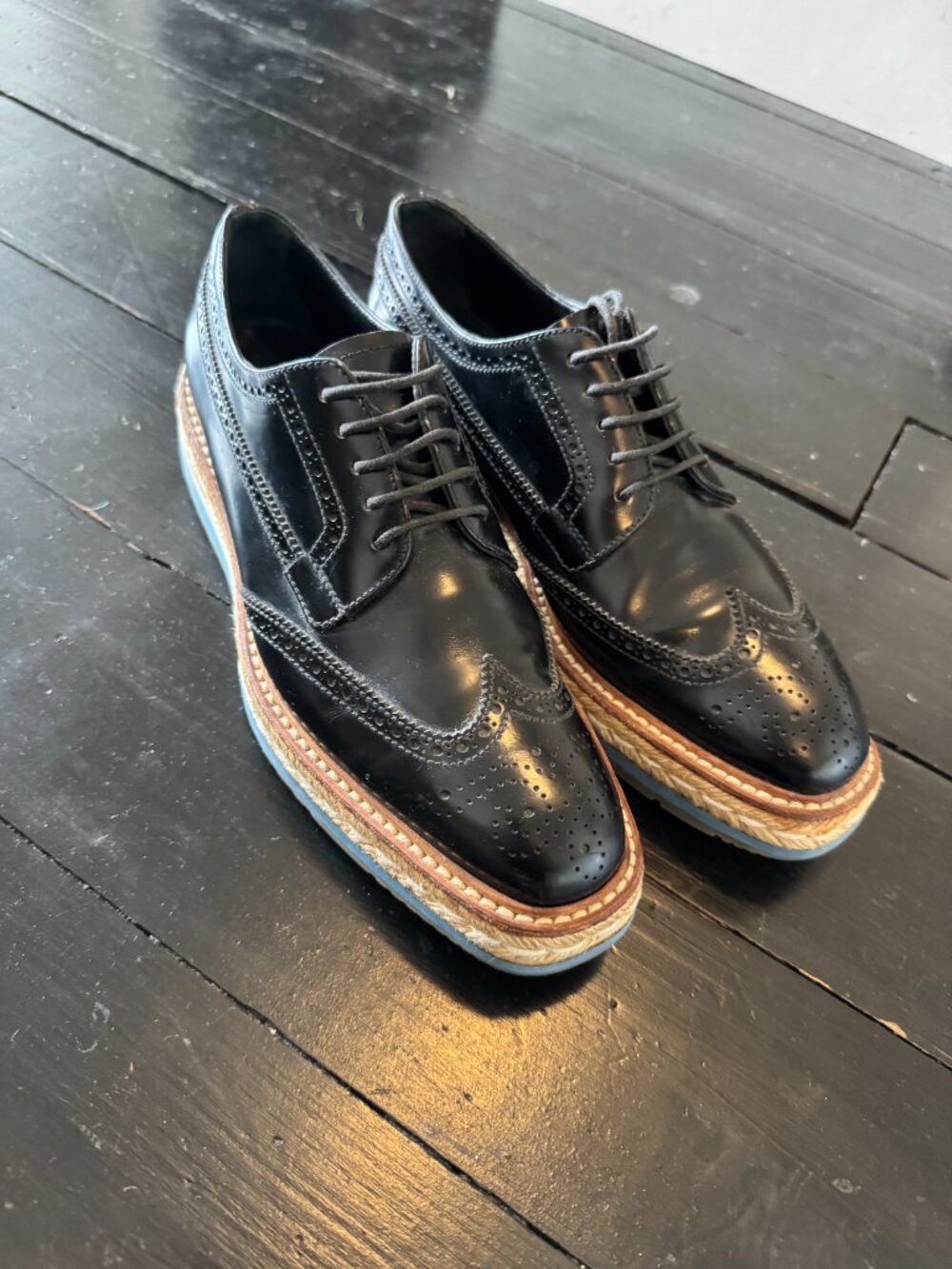 Prada Women's Black Leather Brogue Platform Oxford Shoes US Size 9 / 40